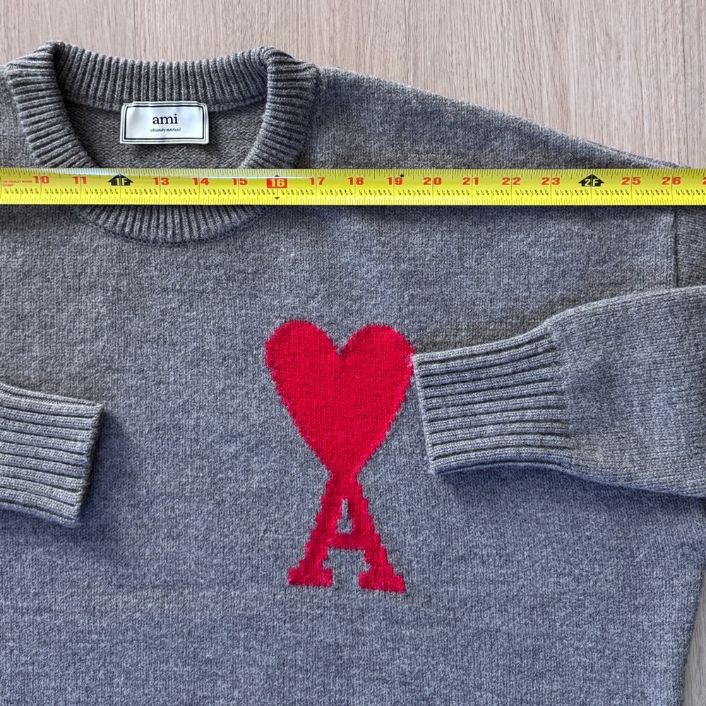 AMI Paris De Coeur Red Heart Intarsia Wool Sweater Grey Oversized Medium Unisex - Picture 14 of 15